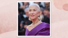 Helen Mirren is pictured with a sleek, swept-back bob and wearing a purple dress at the "La Plus Precieuse Des Marchandises" (The Most Precious Of Cargoes) Red Carpet at the 77th annual Cannes Film Festival at Palais des Festivals on May 24, 2024 in Cannes, France/ in a pink watercolour paint-style template