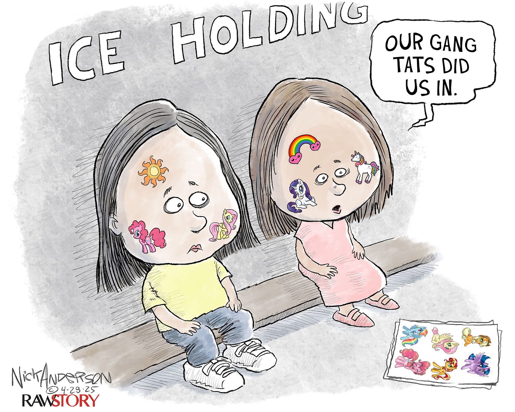 This cartoon, titled "ICE HOLDING," depicts two young female children sitting on a bench. The girls have colorful temporary tattoos of cartoon characters on their faces. One of the children says, "OUR GANG TATS DID US IN."