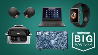 Best Buy 3 Day Sale header with LG TV, Chromebook, Ninja Foodi grill, Sony earbyds and Apple Watch on a green background