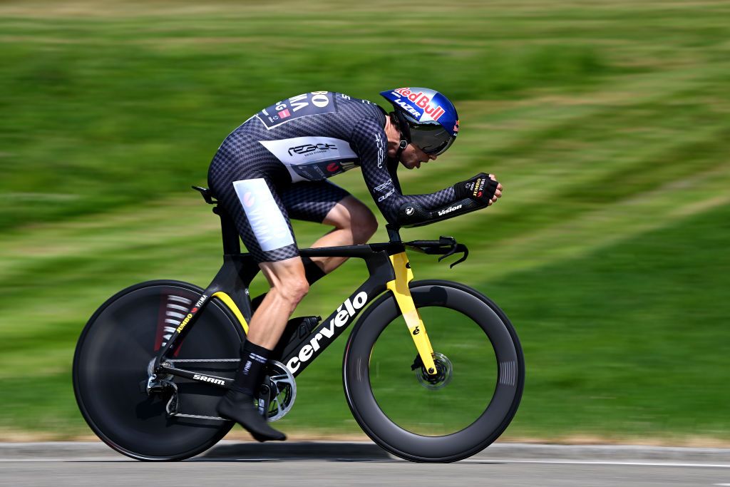 ABTWILL SWITZERLAND JUNE 18 Wout Van Aert of Belgium and Team JumboVisma Black Points Jersey sprints during the 86th Tour de Suisse 2023 Stage 8 a 257km individual time trial from St Gallen to Abtwil UCIWT on June 18 2023 in Abtwil Switzerland Photo by Dario BelingheriGetty Images