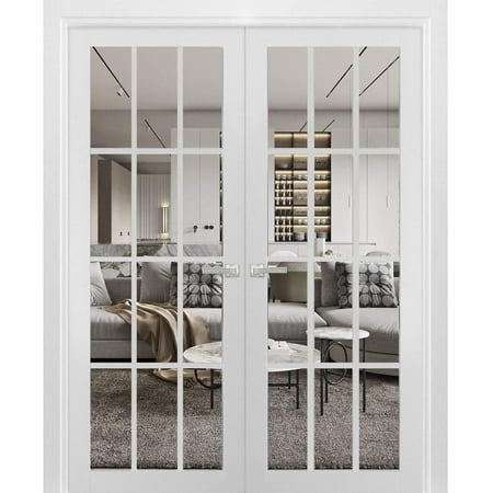 Sartodoors Solid French Double Doors, 12-Lite Clear Glass Panels, Wood With Regular Panel Frame Trims, Sturdy White Silk Finish for Bathroom/bedroom | Felicia 3355 | Size:48"x80"
