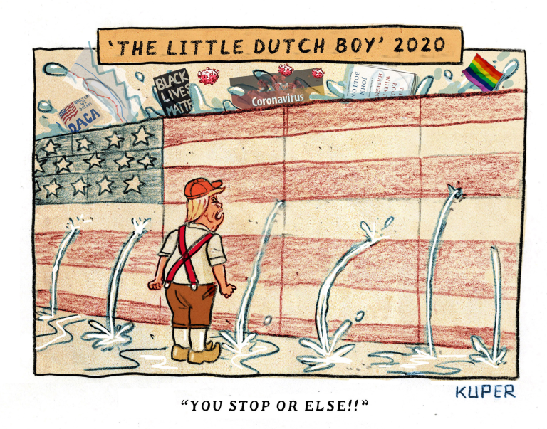 Political Cartoon U.S. Trump little dutch boy 2020