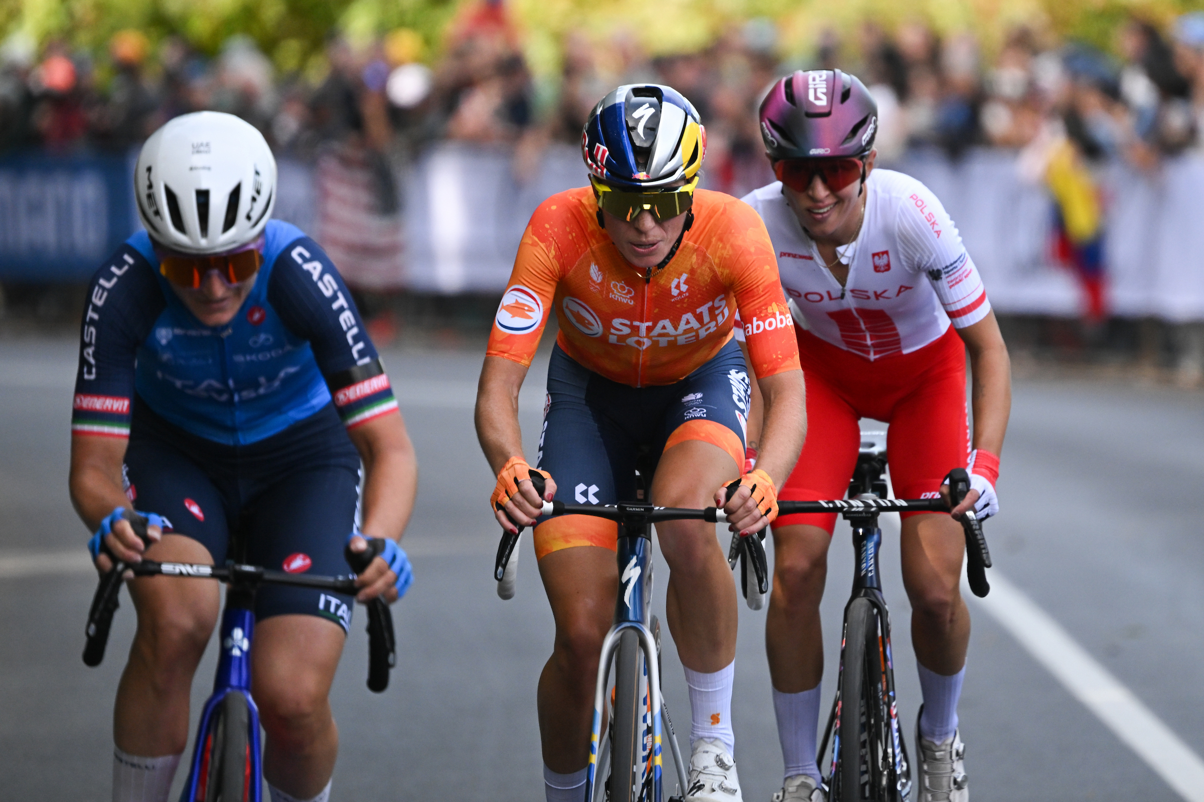 Elisa Longo Borghini, Demi Vollering and Kasia Niewiadoma during the 2026 Road World Championships women's road race