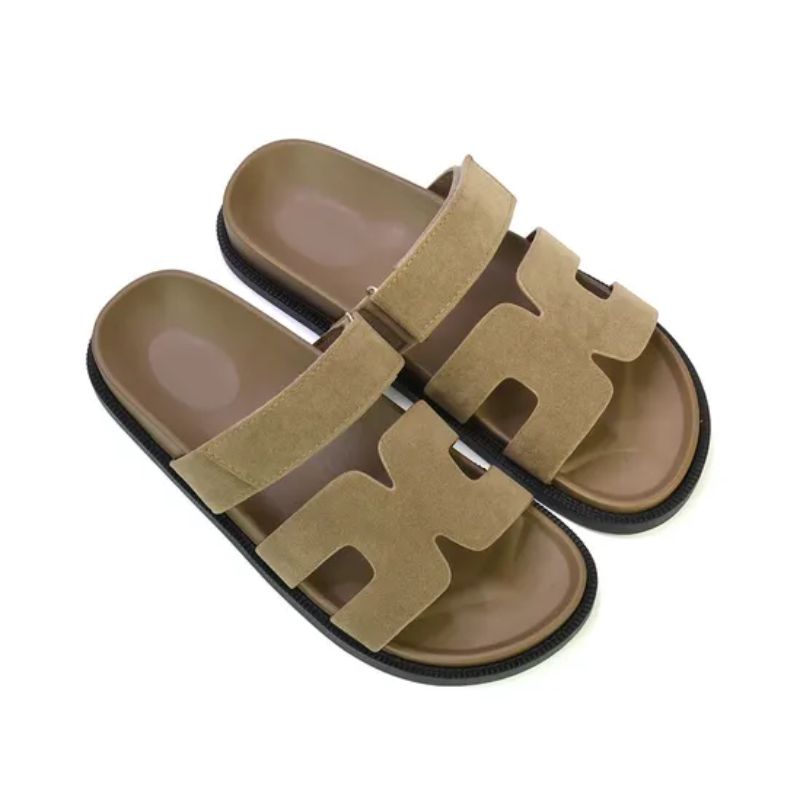 khaki sandals that are a lookalike for the Hermes Oran Sandal