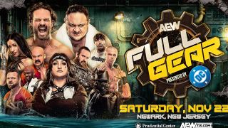 The AEW Full Gear 2025 poster, featuring wrestlers like Adam Page, Samoa Joe, Kris Statlander, and Mercedes Mone.