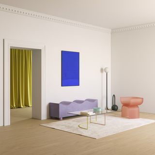 A warmly lit, creatively furnished living room features a wavy, lilla sofa, a white rug, a pink glass-like armchair, a standing lamp, a blue print hanging on the wall, and a yellow curtain showing through the door-less entry to a room on the left.