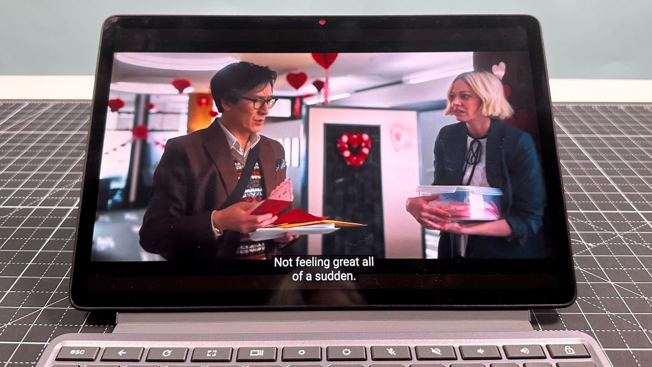 Close-up of the Lenovo Chromebook Duet 11 Gen 9 with a movie trailer playing on the display.