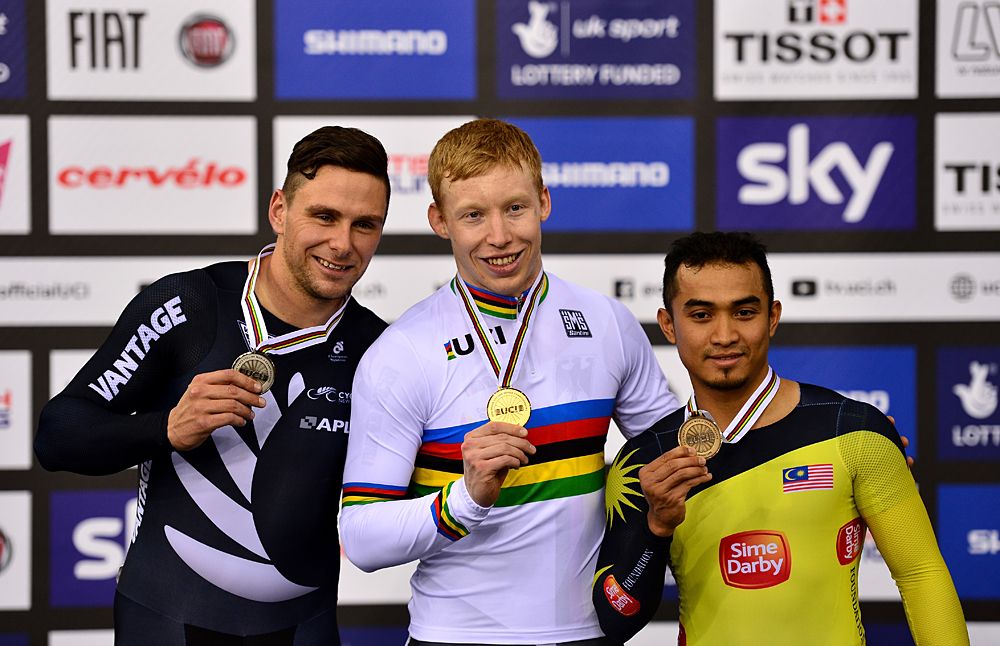 Ed Dawkins, Joachim Eilers and Azizulhasni Awang on the keirin podium