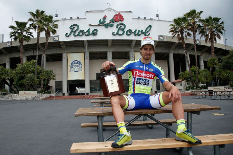 Peter Sagan with his winners trophy out the front of the Rose Bowl