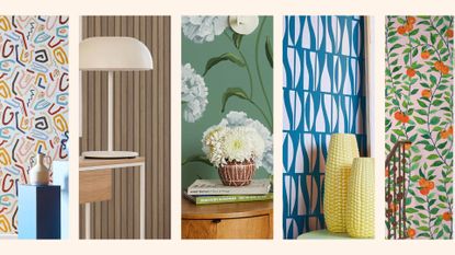 Compilation of five decorative designs to show the biggest wallpaper trends 2023 with geomeric pattersn, imitation wood paneling and oversized blooms