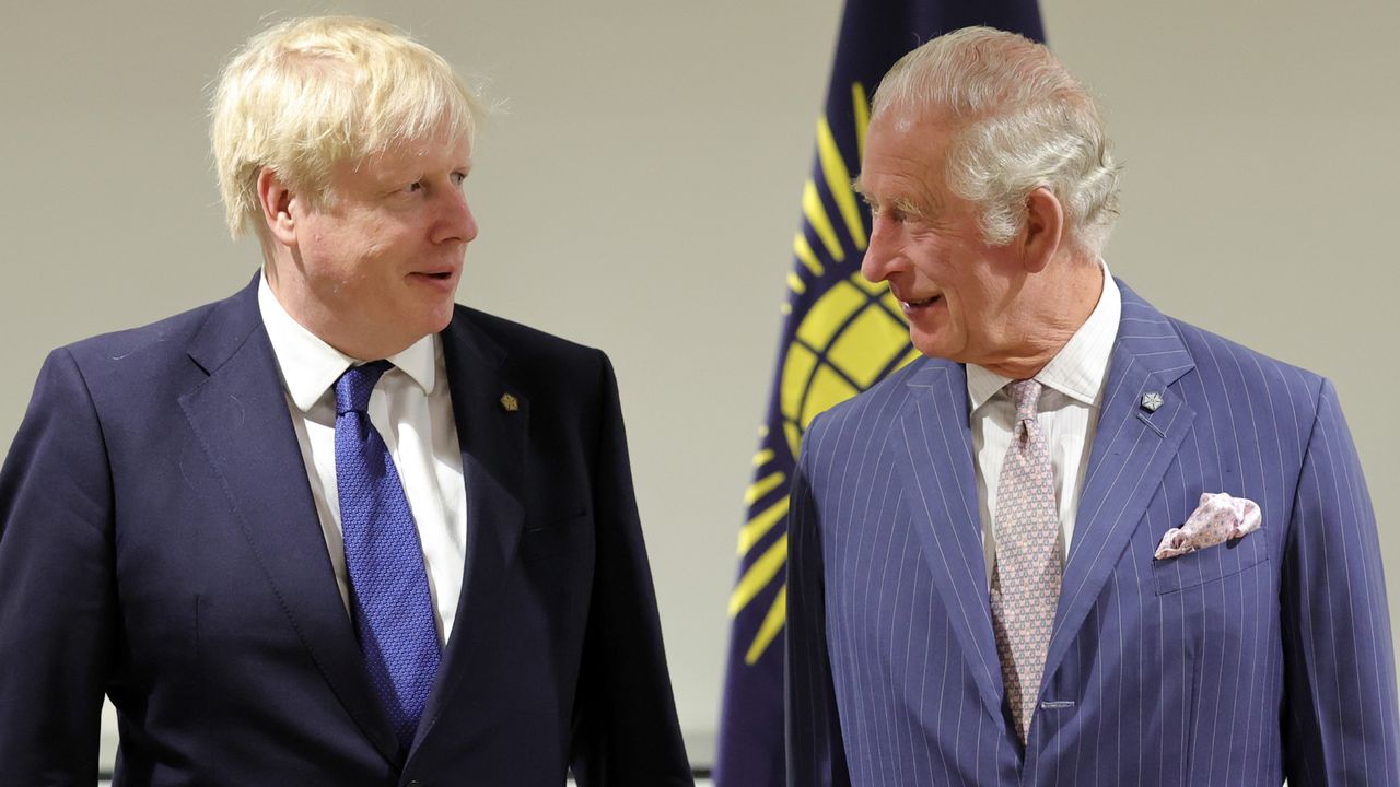 Boris Johnson wearing a navy suit and tie standing next to King Charles and looking at him quizzically 