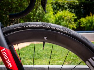 The 30mm width Continental GP5000s TR tyres are some of the widest being used at the Tour de France