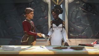 Elora hands Mel a note as they stand at a table in Arcane season 2