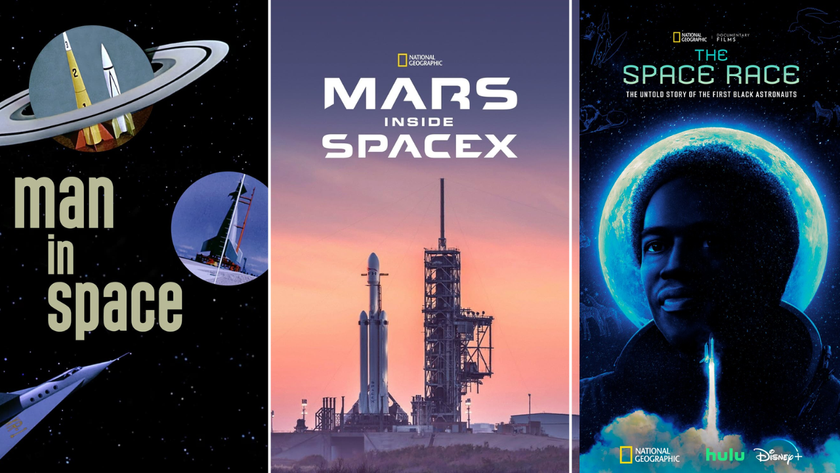 three posters for space documentaries in a collage