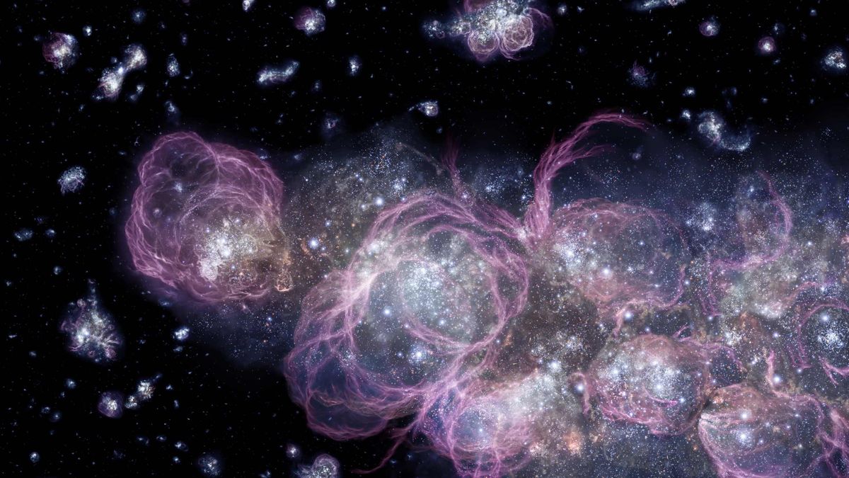 An artist&#039;s impression of star formation in the early universe, a few hundred million years after the Big Bang. 