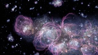 An artist's impression of star formation in the early universe, a few hundred million years after the Big Bang. 