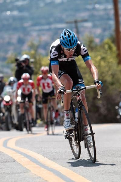 Ryder Hesjedal (Garmin-Cervelo) has RadioShack teammates Chris Horner and Levi Leipheimer chasing him down.