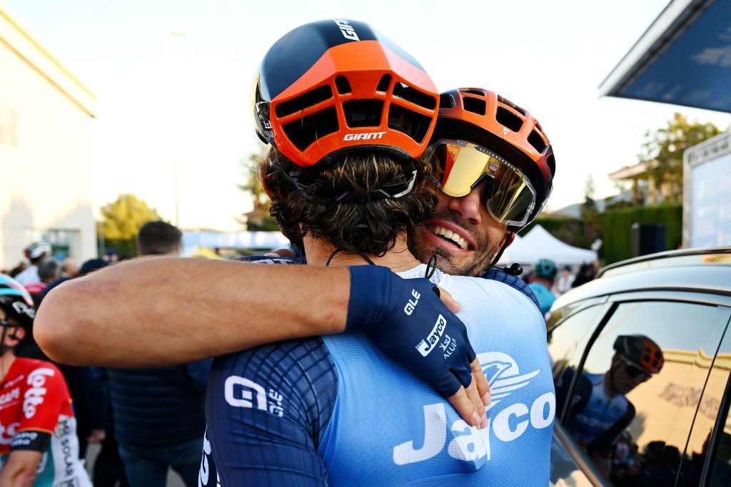 ONDA SPAIN JANUARY 21 EDITORS NOTE Alternate crop LR Stage winner Michael Matthews of Australia and Team Jayco AlUla celebrates with his teammate Luka Mezgec of Slovenia and Team Jayco AlUla after the 1st Gran Premio Castellon Ruta de la Ceramica 2024 a 1739km one day race from Castellon to Onda on January 21 2024 in Onda Spain Photo by Dario BelingheriGetty Images