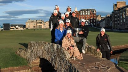 The Ukrainian National Golf Team, Veronika Rastvortseva and Toni Zverblis of Project Ukraine pose with Dunhill Links Champion Ryan Fox on the Swilcan Bridge in St Andrews