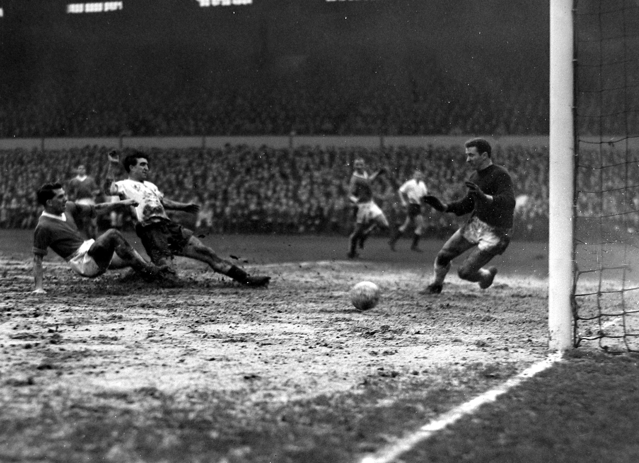 Bobby Smith scores for Tottenham against Manchester United in January 1960.