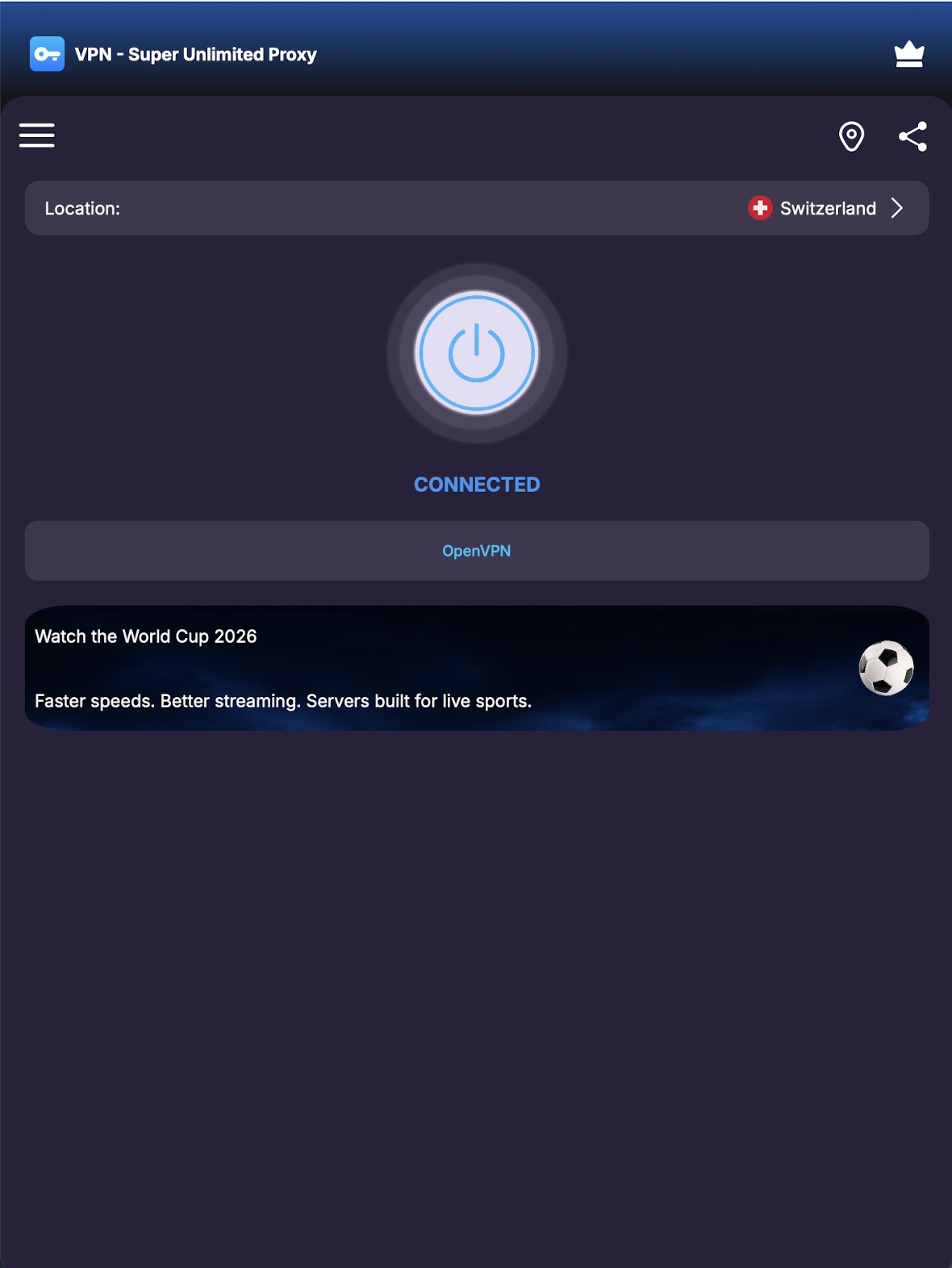VPN Super Unlimited desktop app user interface with quick connect button