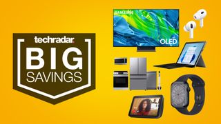 Selection of tech products on sale at Best Buy including an Apple Watch 8, Echo Show and Samsung OLED TV on a yellow background