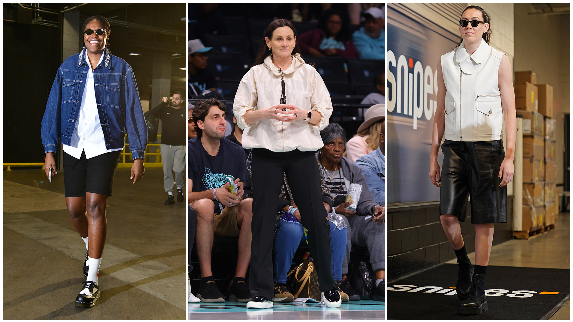 Three photos of Jonquel Jones, Coach Sandy Brondello, and Breanna Stewart of the New York Liberty.