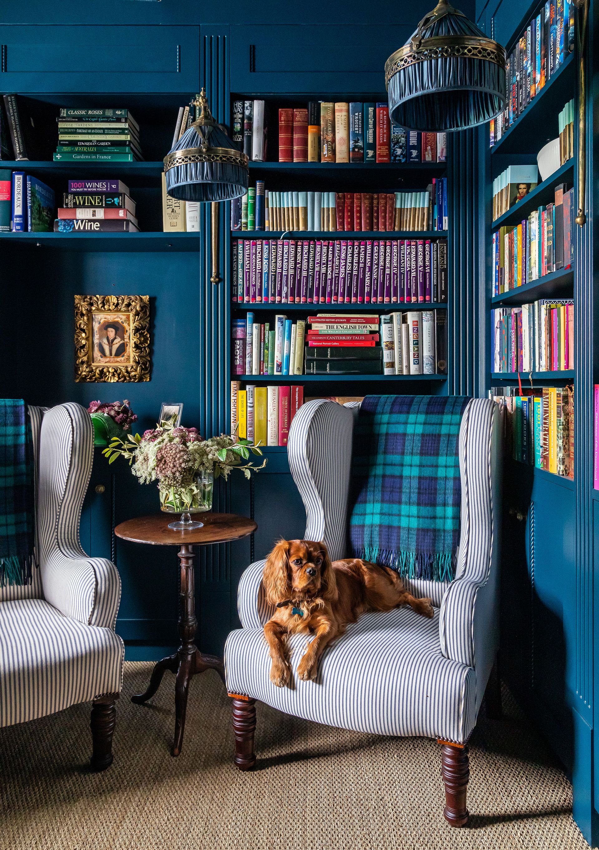 Blue living room with floor to ceiling book shelves