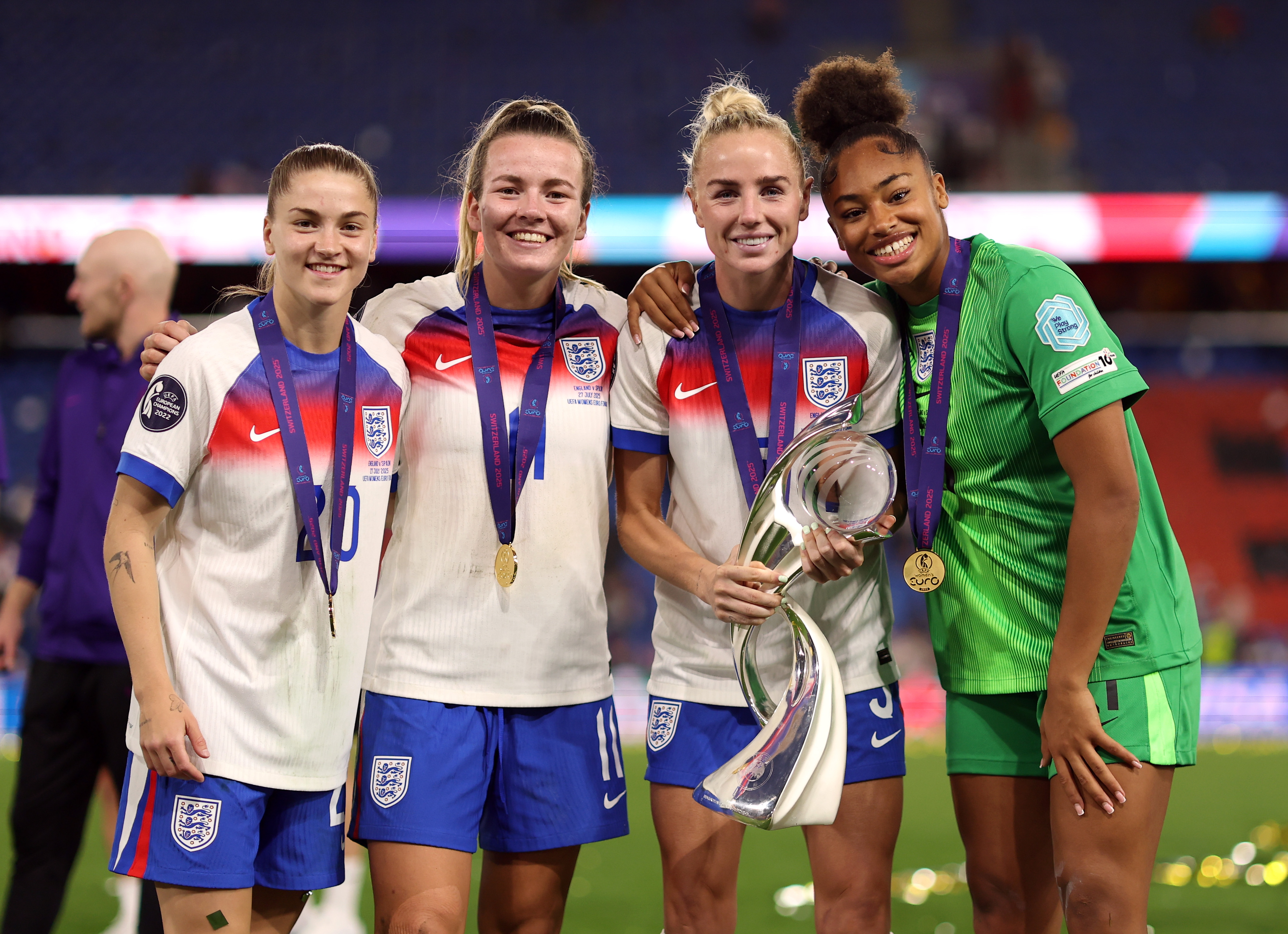 Manchester City teammates Jessica Park, Lauren Hemp, Alex Greenwood and Khiara Keating celebrate England's Euro 2025 victory