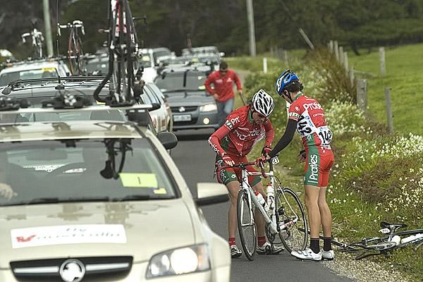 Trouble for Praties when Dylan Newell punctured on the run in to Stanley.