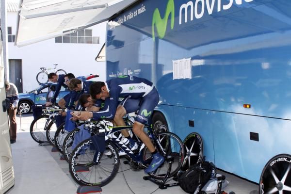 Warming up at the Movistar team bus