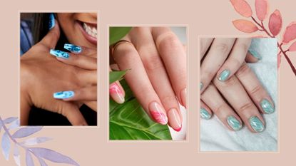 composite of three hands with watercolor nails designs in various colors against a pink background