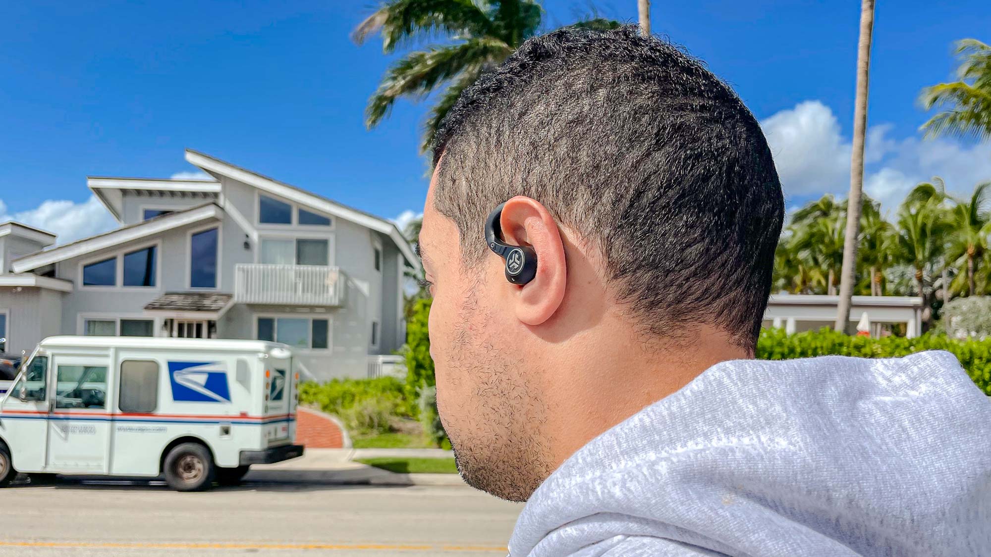 JLab Epic Air ANC 2 earbuds worn by reviewer while out on a run