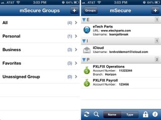 mSecure for iPhone user interface