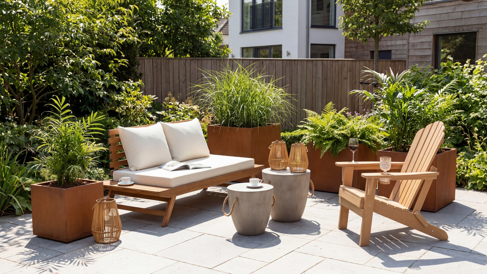 Patio scene in sunny garden with designer-look sofa and planters