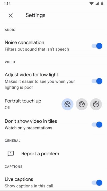 Google Meet portrait touch-up feature interface