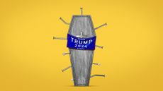 Coffin draped with a Trump banner, filled with nails