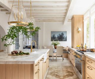 large neutral kitchen with wooden cabinets and a vintage rug