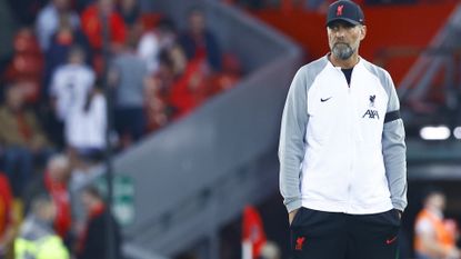 Jurgen Klopp of Liverpool FC Looks on prior to the UEFA Champions League group A match between Liverpool FC and AFC Ajax at Anfield on September 13, 2022 in Liverpool, United Kingdom