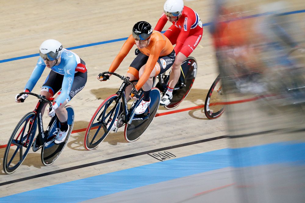 Cyclists compete during the women's UCI Track Cycling World Championships in Apeldoorn, on March 2, 2018