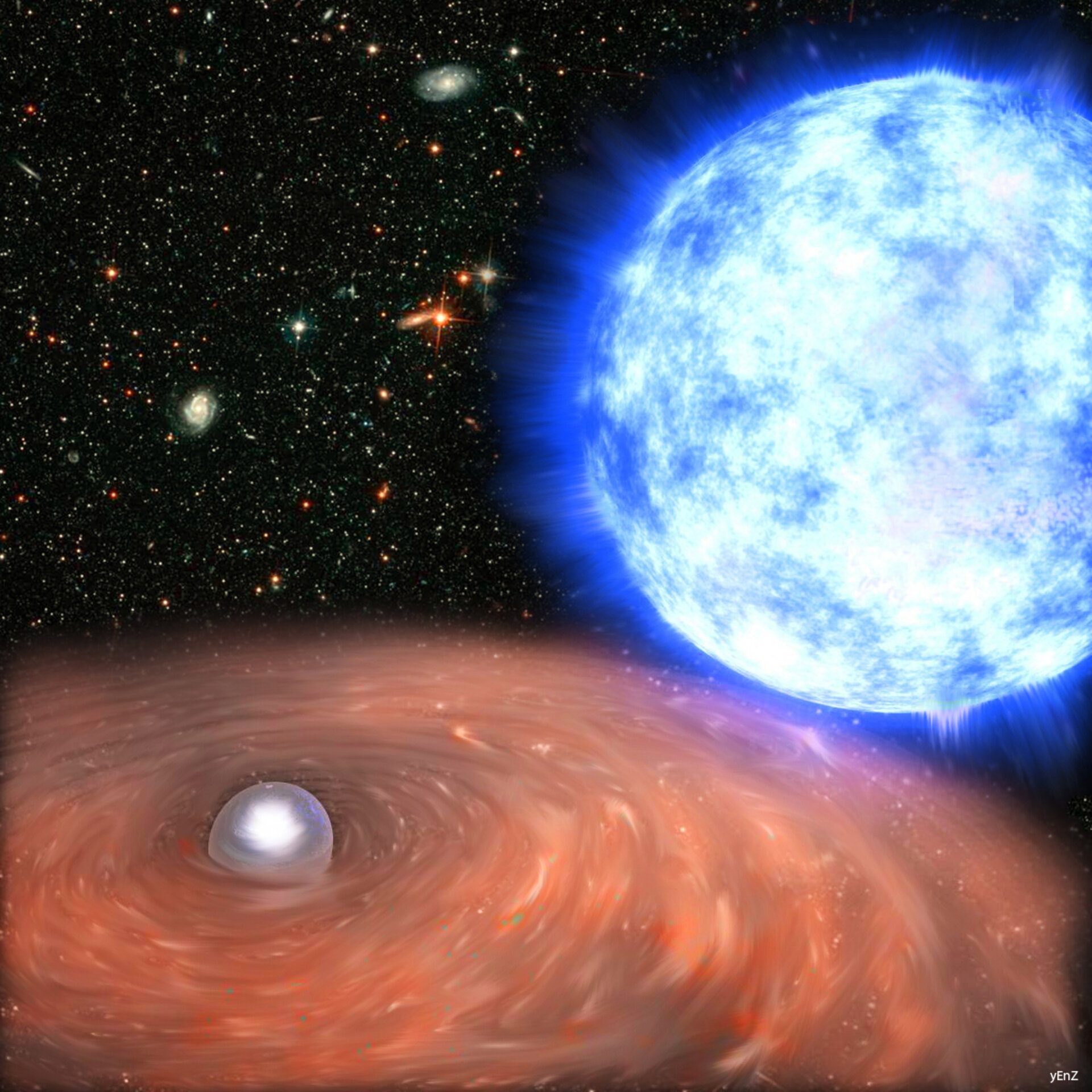 An illustration of the white dwarf and its companion HD49798.