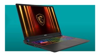 The MSI Vector 16 HX AI gaming laptop with its keyboard lit up in multiple colours on a teal deals background