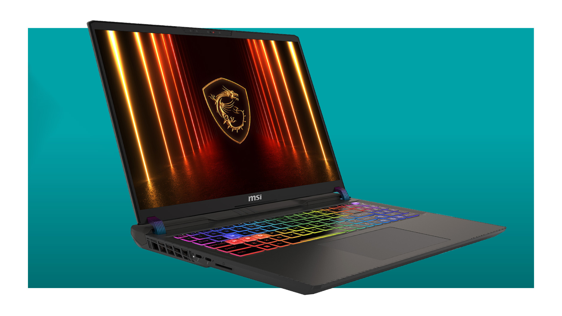 The MSI Vector 16 HX AI gaming laptop with its keyboard lit up in multiple colours on a teal deals background