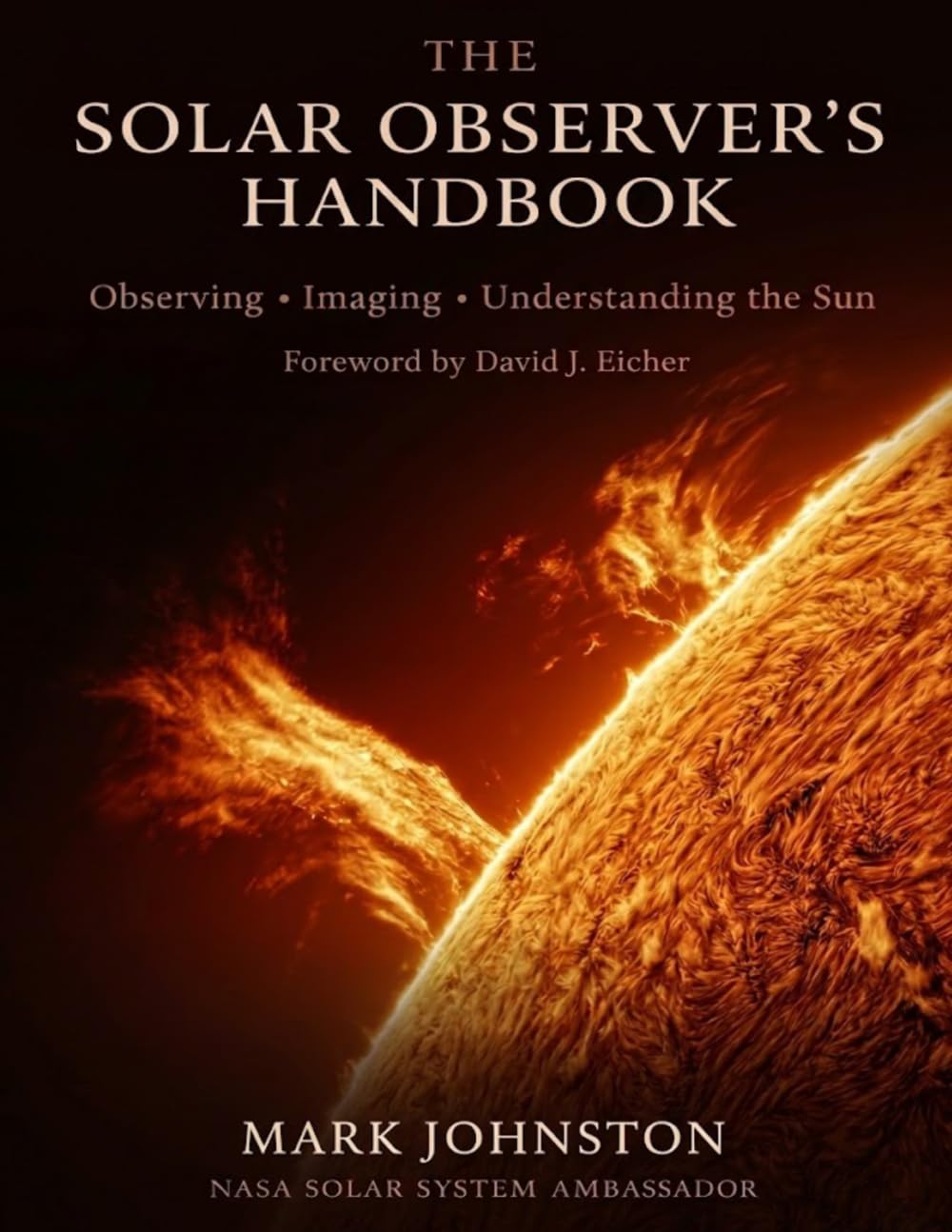A book cover with a close up view of a fiery looking prominence reaching out from the sun.