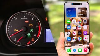 A photo of a car dashboard with lots of warning symbols lit up with iPhone next to it 