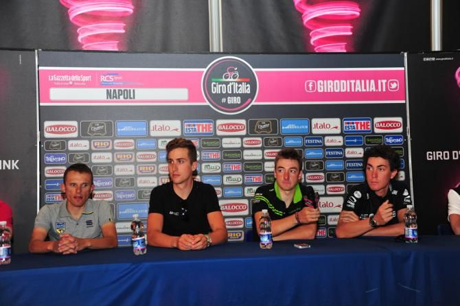 L-R: Rafal Majka, Taylor Phinney, Elia Viviani and Giacomo Nizzolo at the pre-Giro press conference in Naples