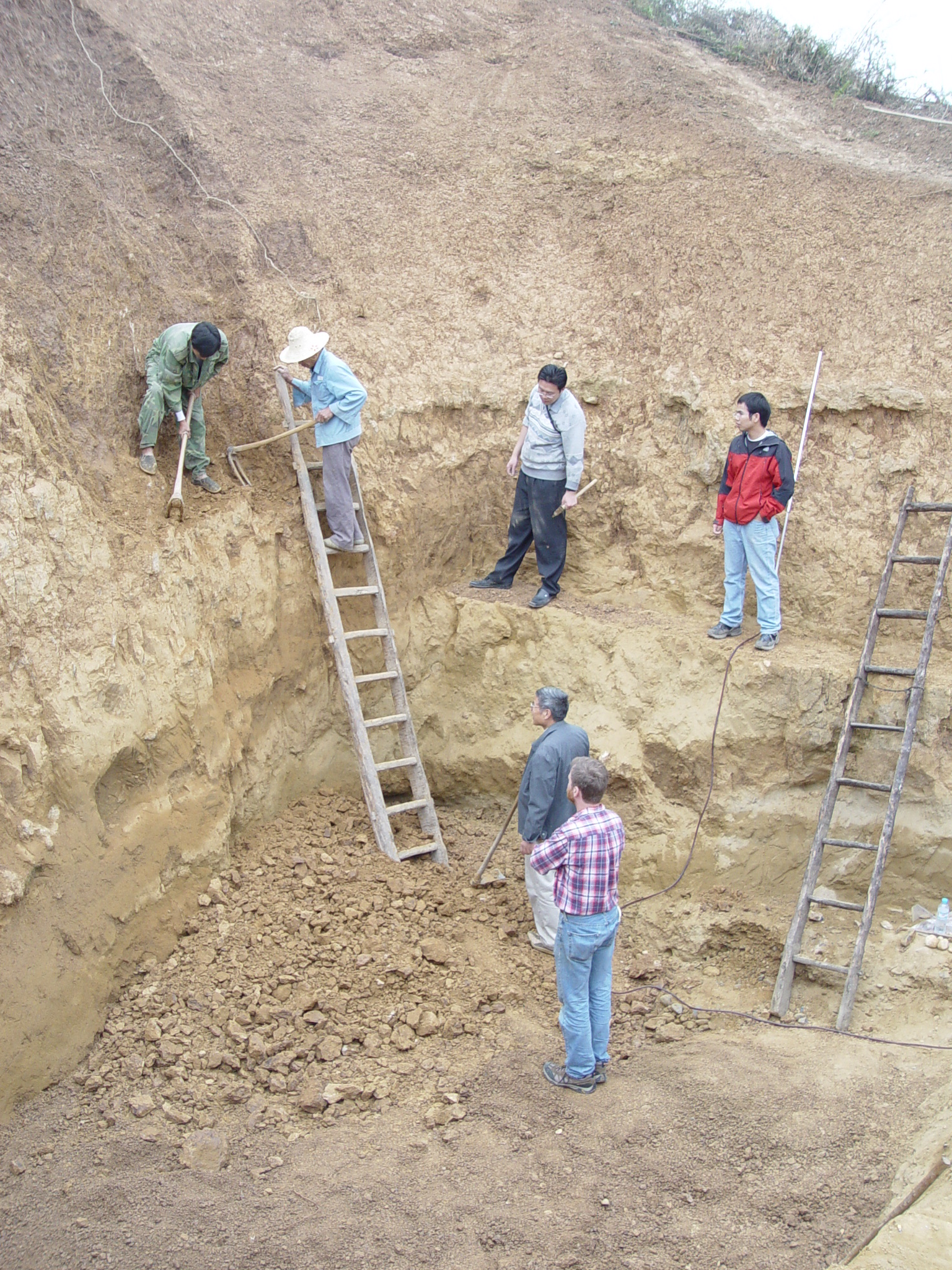 Six people stand at the bottom of a large pit with ladders as they excavate in the dirt