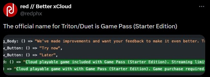 Tweet from @redphx saying "The official name for Triton/Duet is Game Pass (Starter Edition)" with a screenshot of the code.