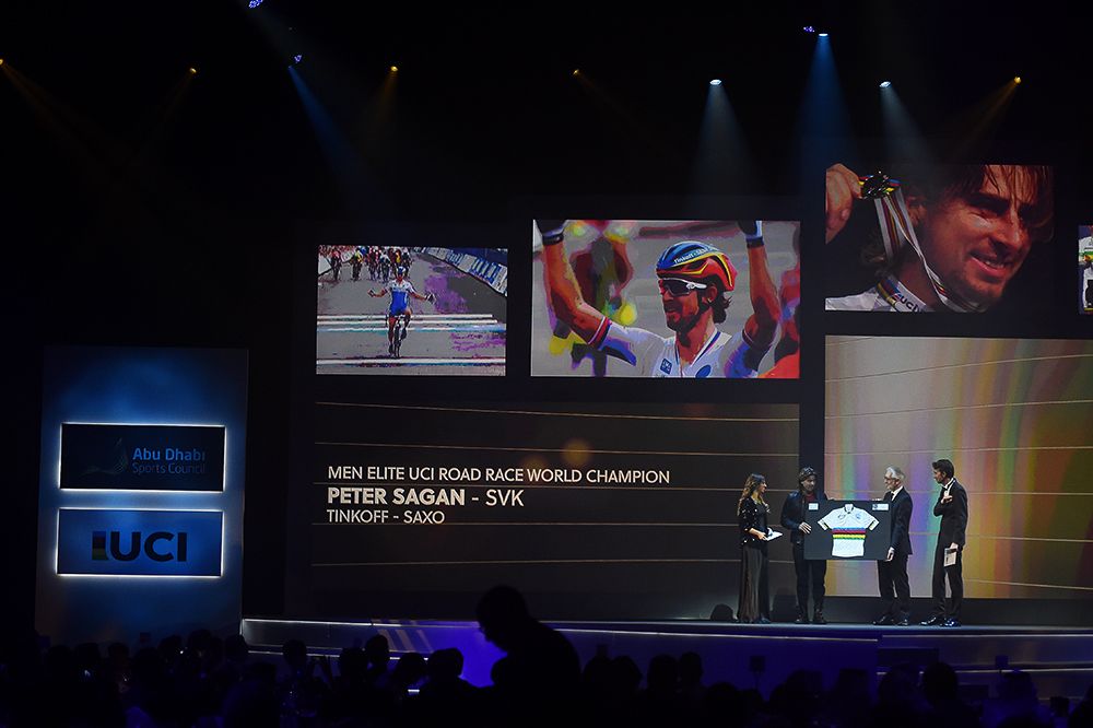 Peter Sagan's win in Richmond is flashed across the giant video screen.