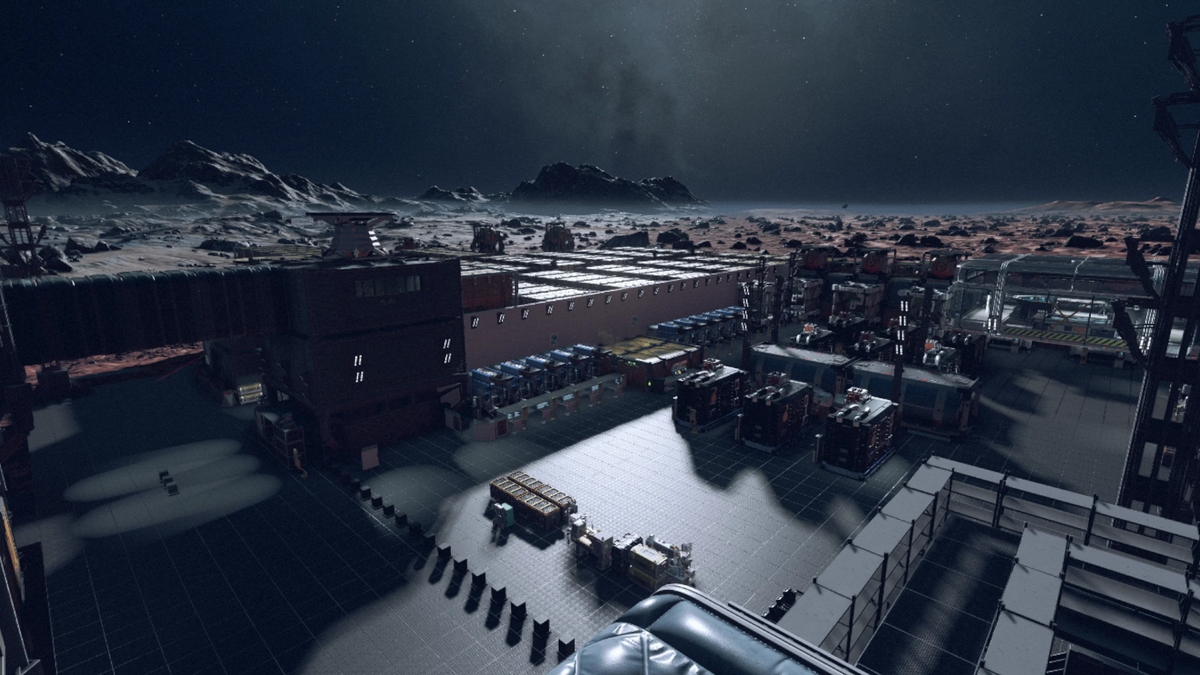 A screenshot of a lovely-looking outpost in Starfield, simulating a factory on a barren moon.